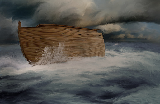 A painting of Noah's Ark on a stormy sea.