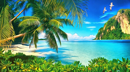 Tropical bay with green plants, palms and mountain. Digital painting. Digital imitation of oil painting.