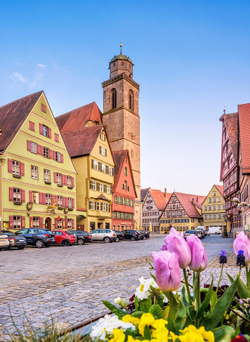 View on the Minster and market square of the historic city and UNESCO world heritage side of Dinkelsbühl. 