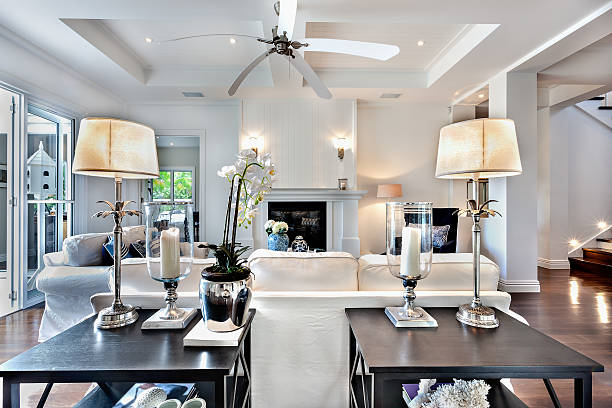 istock Beautiful drawing room with sofa set and two wooden table 520583836