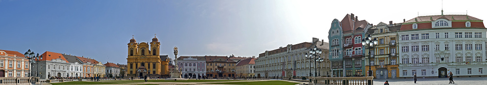 Timisoara, Romania - April 12, 2016: Panoramic view with historical buildings in Union Square, Timisoara, Romania.