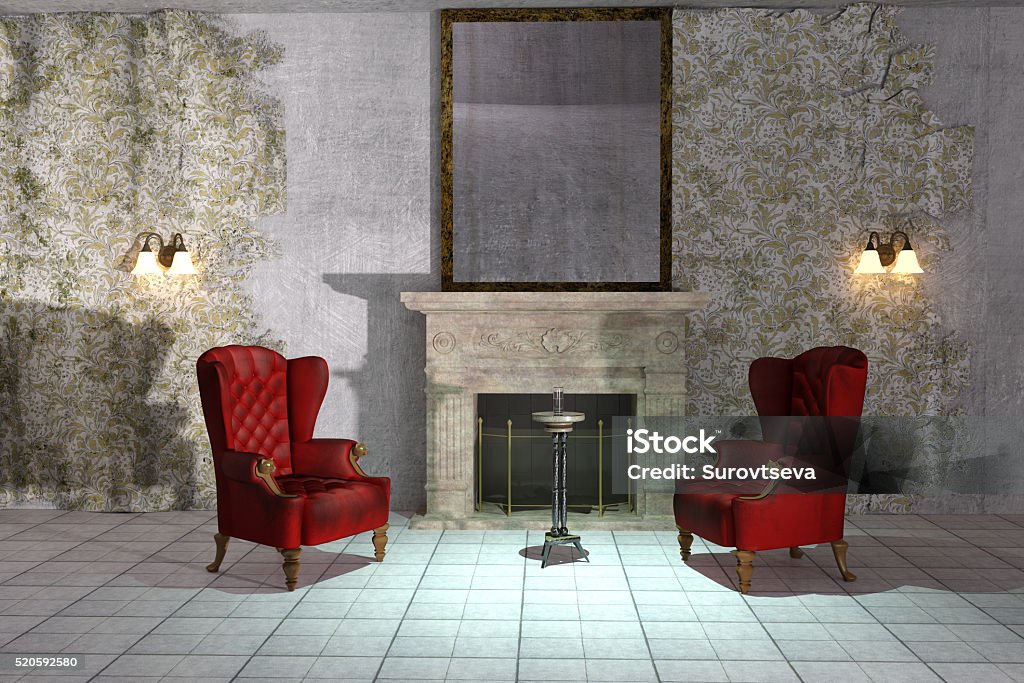 Creepy room Antique style abandoned creepy interior with vintage wingback chairs and fireplace. 3d illustration. Chair Stock Photo