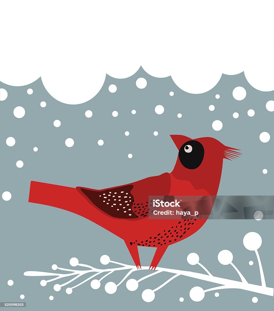 Pájaro cardenal, invierno, Branch, copos de nieve y la luna Cloud - arte vectorial de Acebo libre de derechos