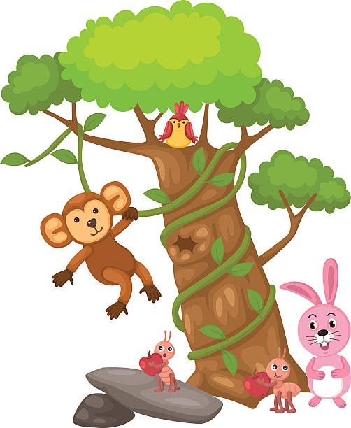 wielkie drzewo i małpy i ptaki i króliki i ant - birdsong bird singing tall stock illustrations