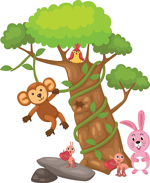 ilustrações de stock, clip art, desenhos animados e ícones de grande árvore e macaco e aves e coelhos e formiga - birdsong bird singing tall