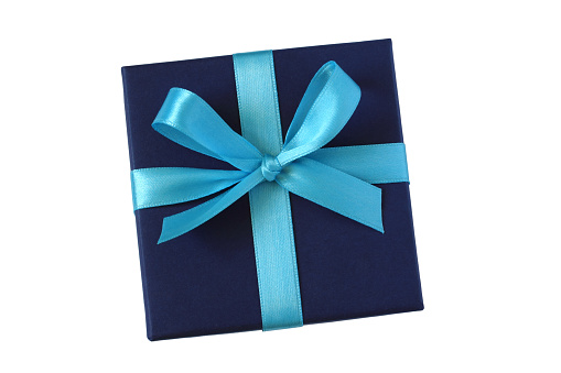 Dark blue gift box with light blue bow - top view - isolated on white background
