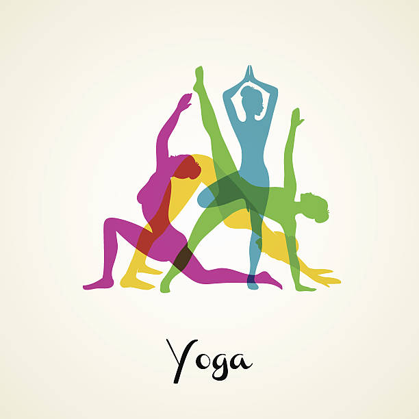 ilustraciones, imágenes clip art, dibujos animados e iconos de stock de yoga silueta plantea - stretching exercising gym silhouette
