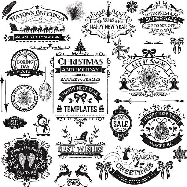 ilustrações de stock, clip art, desenhos animados e ícones de mão desenhada ornamentos de natal & etiquetas - new years eve 2014 christmas retro revival