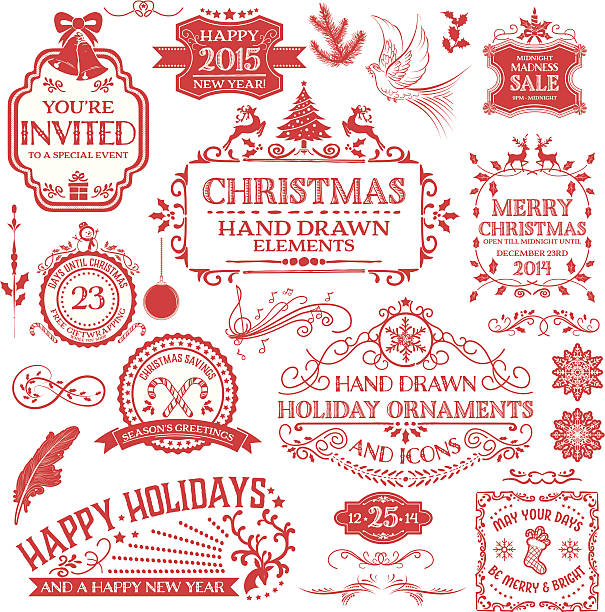 ilustrações de stock, clip art, desenhos animados e ícones de mão desenhada ornamentos de natal em vermelho & etiquetas - new years eve 2014 christmas retro revival