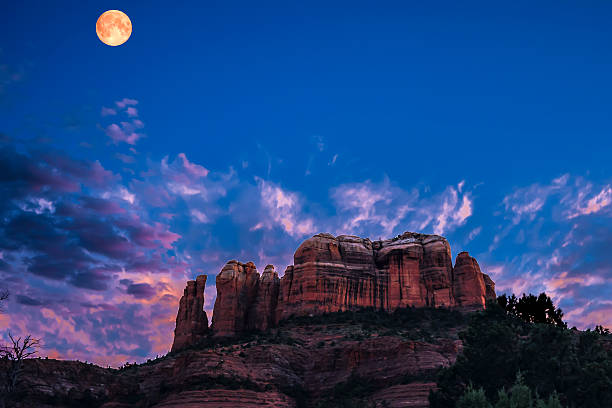 Sedona, Arizona - Cathedral Rock Twilight View to a red rock formation in the background and trees, bushes and cactuses in the foreground. Location is near Sedona, Arizona. Cathedral Rock Twilight. red rocks state park arizona photos stock pictures, royalty-free photos & images