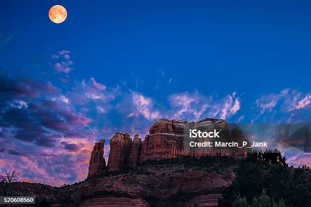 Sedona Arizona Cathedral Rock Twilight Stock Photo - Download Image Now - Sedona, Sunset, Moon