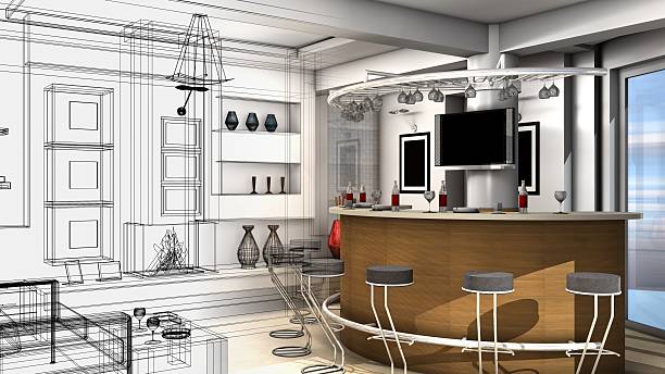 istock Design of a living room, abstract wire frame render 520609348