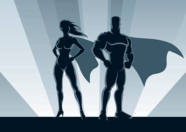ilustraciones, imágenes clip art, dibujos animados e iconos de stock de par de superhéroe - sex symbol illustrations