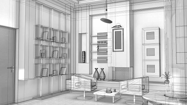 istock Design of a living room, abstract wire frame render 520609932
