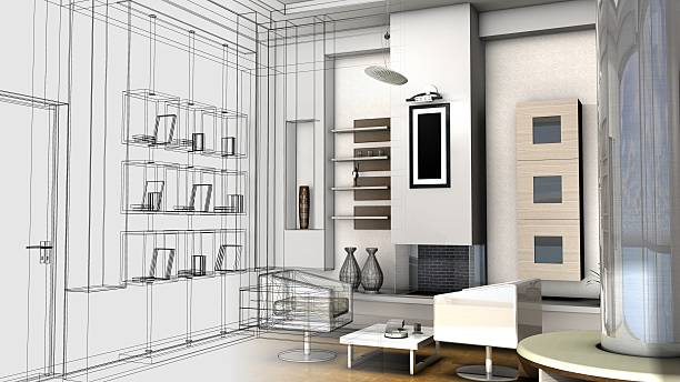 istock Design of a living room, abstract wire frame render 520610024