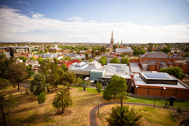 View over Bendigo CBD The view from the Lookout Tower in Rosalind Park over Bendigo on a clear Spring evening. bendigo photos stock pictures, royalty-free photos & images