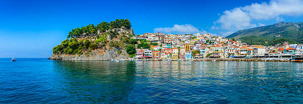 beautiful panoramic view of parga harbour, greece - parga bildbanksfoton och bilder