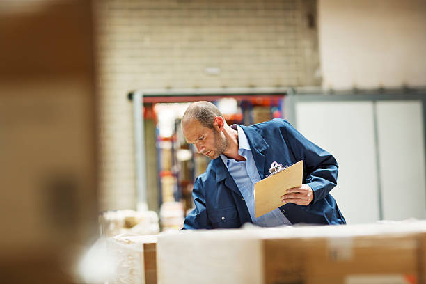 worker examining stock in warehouse - 2655 photos et images de collection