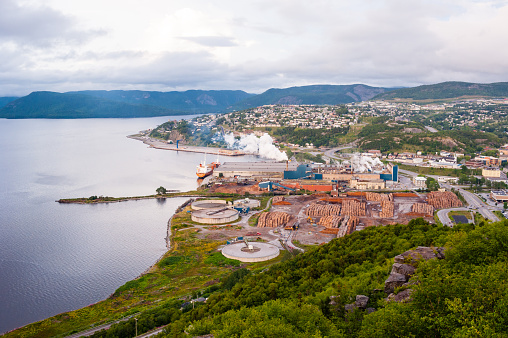 Corner Brook, Canada - August 22, 2015: Overlooking the Corner Brook Pulp and Paper Mill and surrounding area in western Newfoundland.