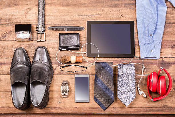 istock Men's accessories organized on table.  No people.  Knolling. 520615608