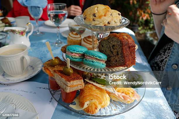 Traditional High Tea Baby Shower Served In The Garden Stock Photo - Download Image Now