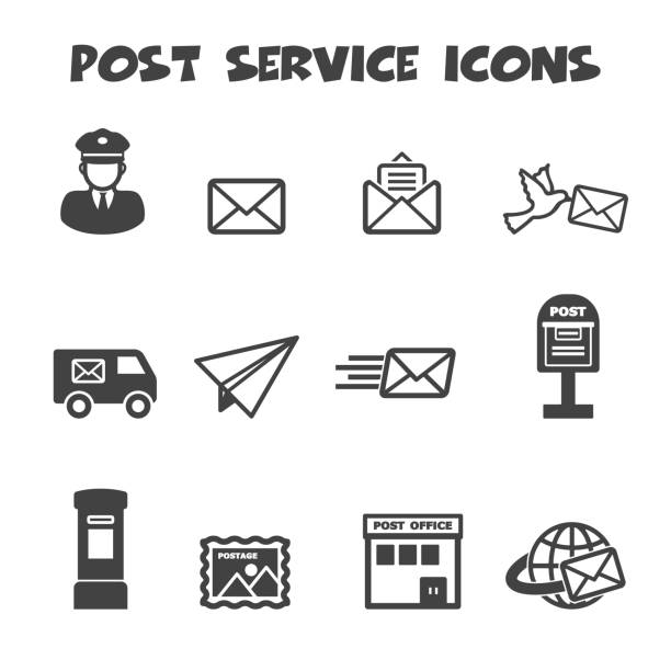 illustrations, cliparts, dessins animés et icônes de indicateur icônes de service - postal worker delivering mail post office