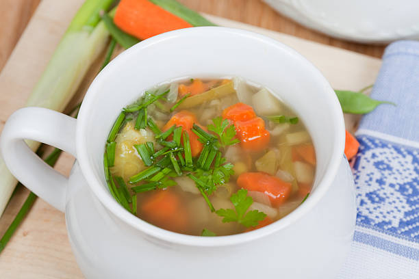 istock bouillon with fresh vegetables, in white soup bowl 520619317