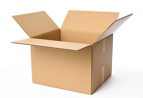 Isolated shot of opened blank cardboard box on white background Opened blank cardboard box isolated on white background with clipping path. open stock pictures, royalty-free photos & images