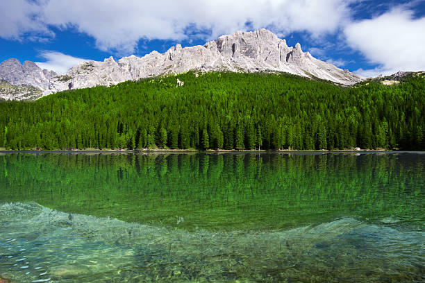 Dolomites mountains mirrored in Lake Misurina stock photo