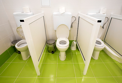 A top-down view of the bathroom toilet