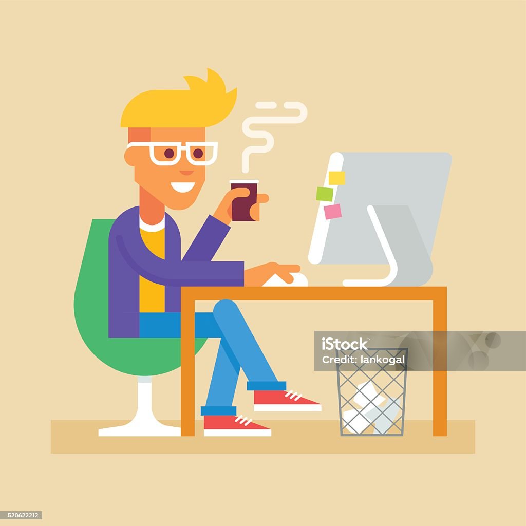 Young man is sitting  at desk with computer Vector Young man is sitting  at a desk with a computer and drinking coffee. Internet surfing. Vector illustration in flat design. Coffee - Drink stock vector