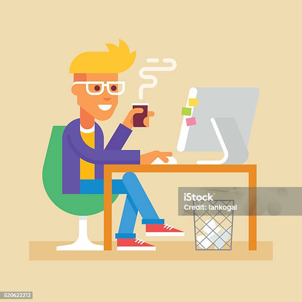 Young Man Is Sitting At Desk With Computer Vector Stock Illustration - Download Image Now - Coffee - Drink, Coffee Crop, Computer Monitor