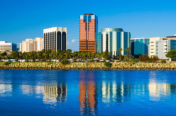 istock Long Beach skyline closeup with reflection on Queensway Bay 520623693