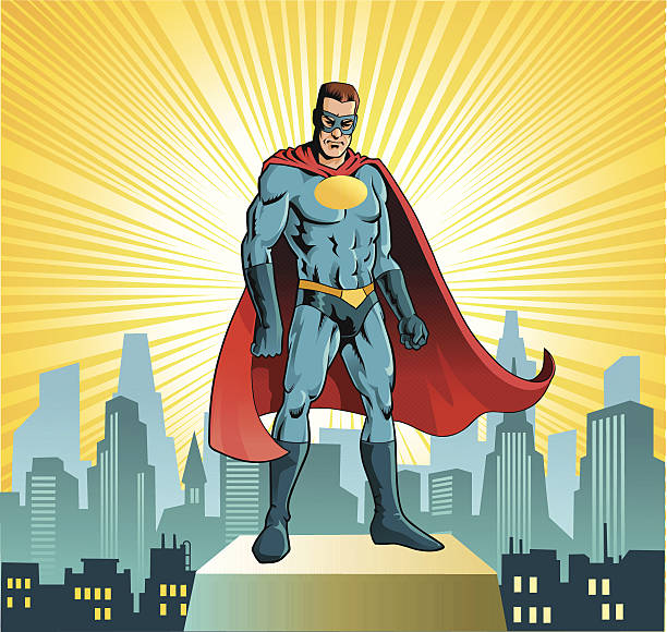 ilustraciones, imágenes clip art, dibujos animados e iconos de stock de superhéroe standing antes de los edificios de la ciudad - valiant
