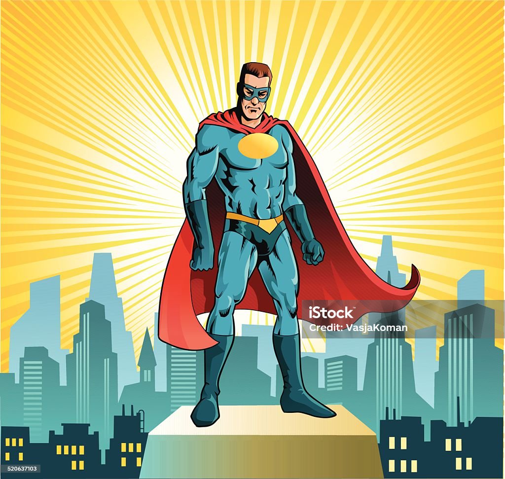 Superhero Standing Before City Skyline All images are placed on separate layers for easy editing. Superhero stock vector