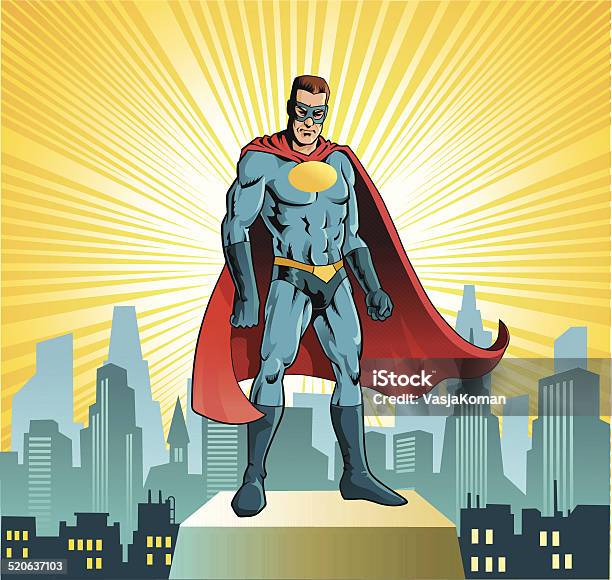 Superhero Standing Before City Skyline Stock Illustration - Download Image Now - Superhero, Cape - Garment, Digitally Generated Image