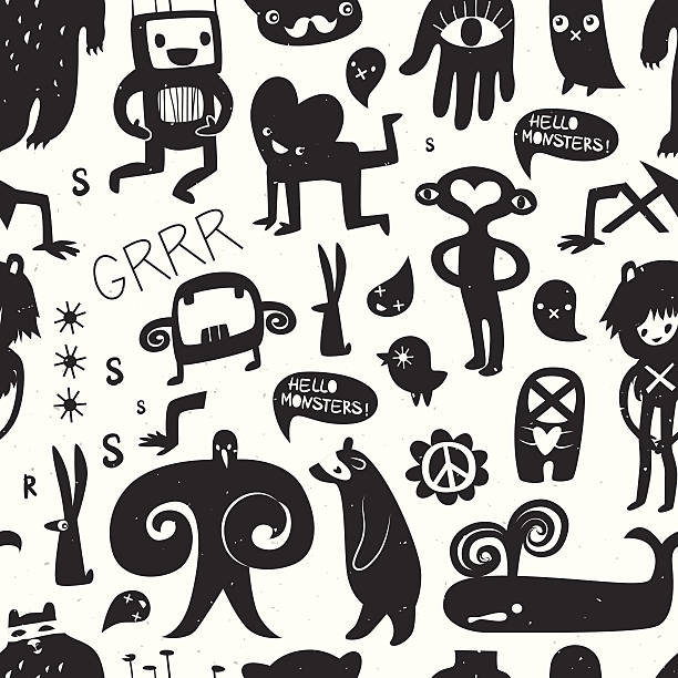 ilustraciones, imágenes clip art, dibujos animados e iconos de stock de vintage ink monstruos y obsesionados.  patrón perfecto. - robot manga style cute characters