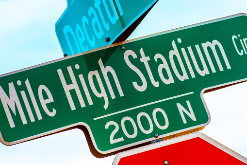 Mile High Stadium Street Sign Closeup. Denver, Colorado.