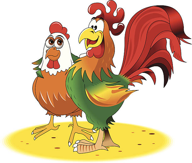 Rooster and hen vector art illustration