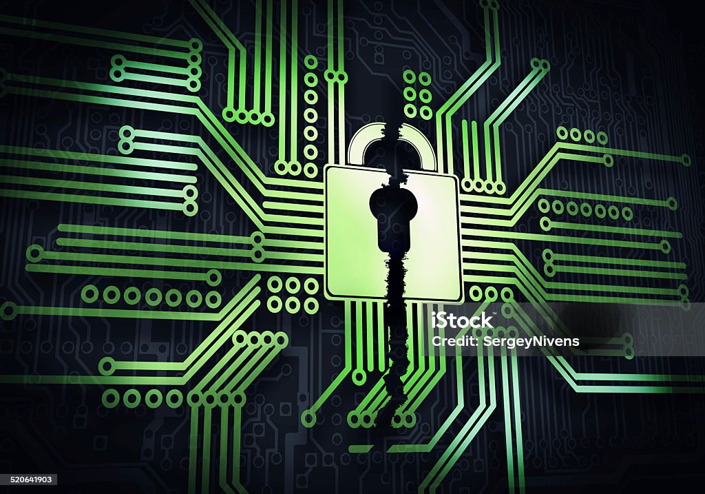 Safety concept Conceptual digital image of lock on circuit background Data Stock Photo