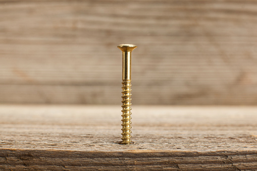 a gold screw screwed into wooden plank