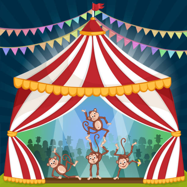 illustrazioni stock, clip art, cartoni animati e icone di tendenza di scimmia circo attrazione festival - bruno arena