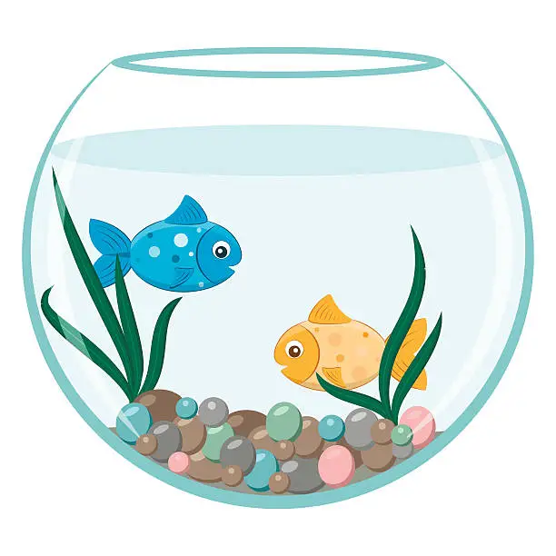 Vector illustration of Golden and blue fish in the round aquarium