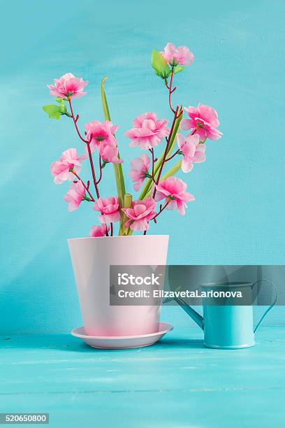 Artificial Pink Flower Stock Photo - Download Image Now - Blue Background, Flower Pot, Artificial