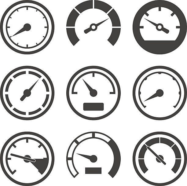 illustrazioni stock, clip art, cartoni animati e icone di tendenza di gruppo di tachimetri dispositivo flessibile e pannello di controllo - speedometer odometer dial speed