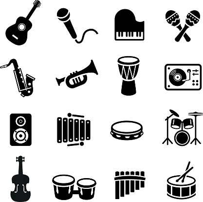 Collection of musical instruments icons. Can be used on print materials or on websites with subjects related to music, dance, singing, concerts or playing musical instruments.