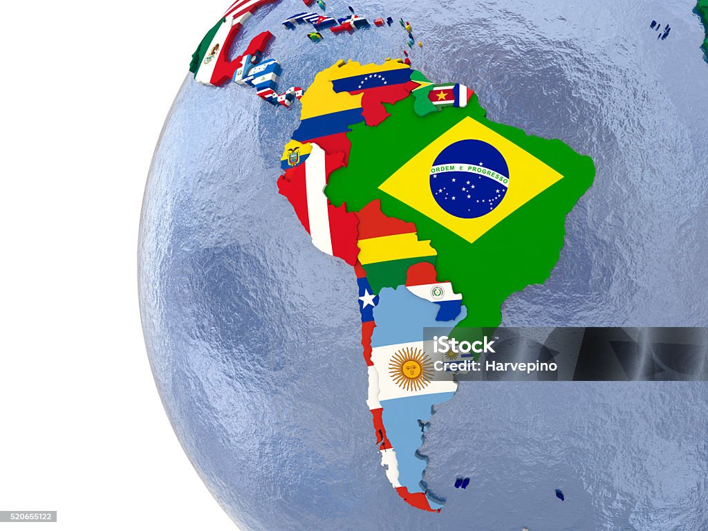 Political south America map Political map of south America with each country represented by its national flag. Latin America Stock Photo