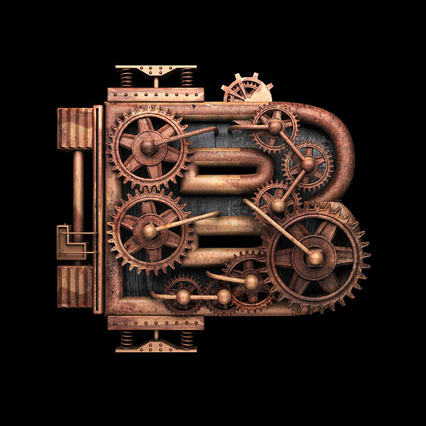 istock b isolated rusted letter with gears on black 520657150