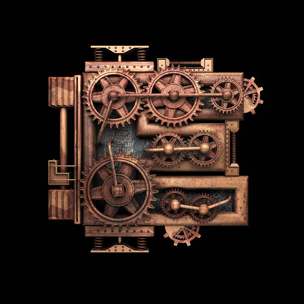 istock e isolated rusted letter with gears on black 520657236