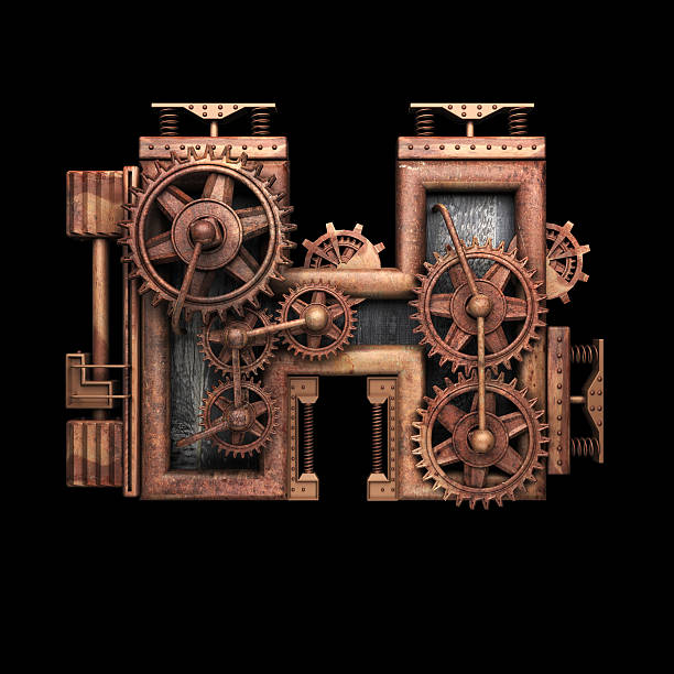 istock h isolated rusted letter with gears on black 520657330